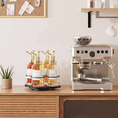 THYGIFTREE Rotating Coffee Syrup Organizer 4 Bottles Syrup Rack Dispenser16.9oz for Countertop Wood Bottle Holder Stand for Coffee Bar Station, Black