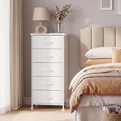 Fixwal White Tall Skinny Dresser for Bedroom, Narrow Storage Dresser Organizer with 5 Fabric Drawers, Nightstand Furniture in Closet, Entryway, Hallway
