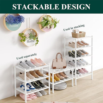 Smiry Small Bamboo Shoe Rack 6-Tier, Stackable Wooden Shoe Organizer for Entryway & Closet, Free Standing Wood Shoe Storage Shelf for Front Door & Small Spaces, White