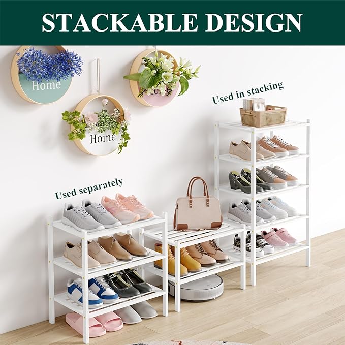 Smiry Small Bamboo Shoe Rack 4-Tier, Stackable Wooden Shoe Organizer for Entryway & Closet, Free Standing Wood Shoe Storage Shelf for Front Door & Small Spaces, White