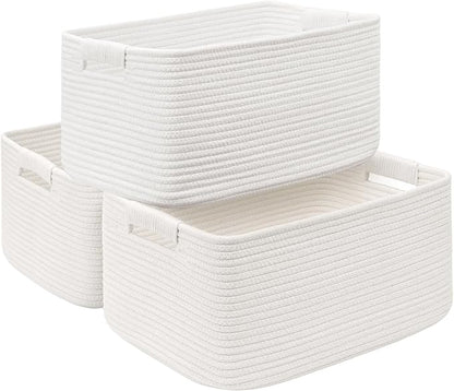 3 Pack Large Storage Basket for Organizing, 17.5"x13.5"x7.5" Woven Basket for Shelves, Closet Cube Storage Bins with Wrapped Handle, Cotton Rope Baskets for Kitchen, Clothes, Toys(Off White)