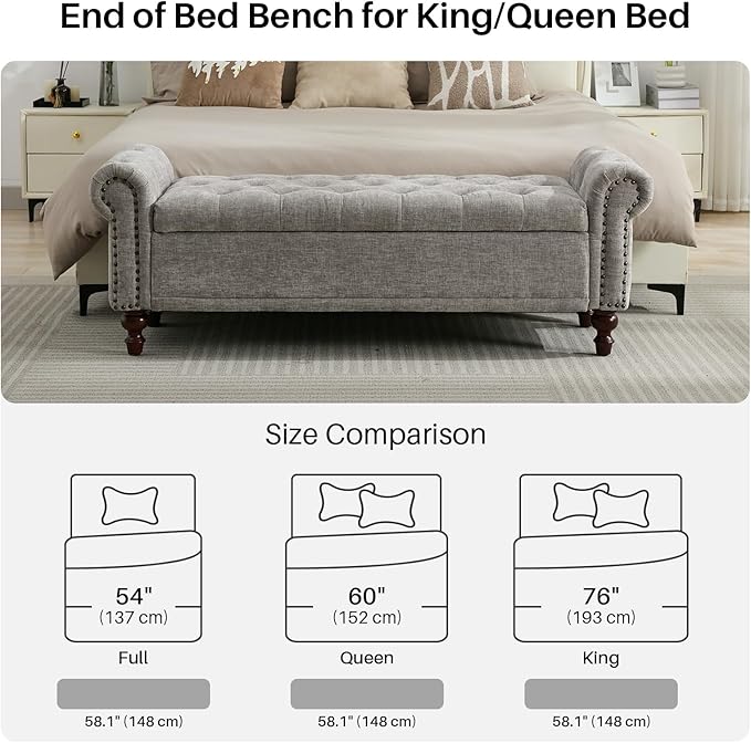 58.1" Storage Bench Upholstered Chenille End of Bedroom Bed Bench Ottoman with Tufted Cushioned Rolled Arm Large Storage Space for Reading Living Room Entryway, Light Grey