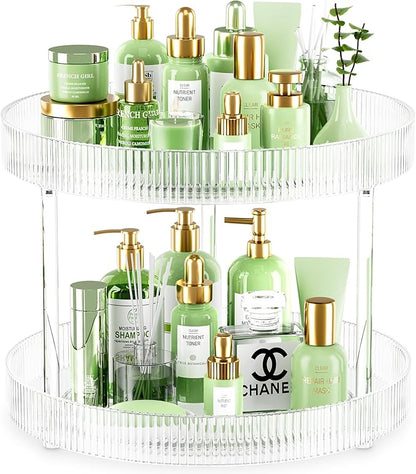 Acina 2-Tier Bathroom Countertop Organizer: 360° Clear Lazy Susan Rotating Storage Tray - Spinning Perfume Cosmetics Vanity Shelf for Bathroom Cabinet, Kitchen (Large)