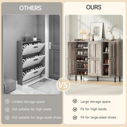 ONBRILL Shoe Cabinet with 3 Doors and Adjustable Shelves, 30 Pairs Shoe Storage Cabinet, 40 Inch Tall Farmhouse Shoe Rack Shoe Organizer Cabinet for Entryway Living Room Closet, Gray Wash