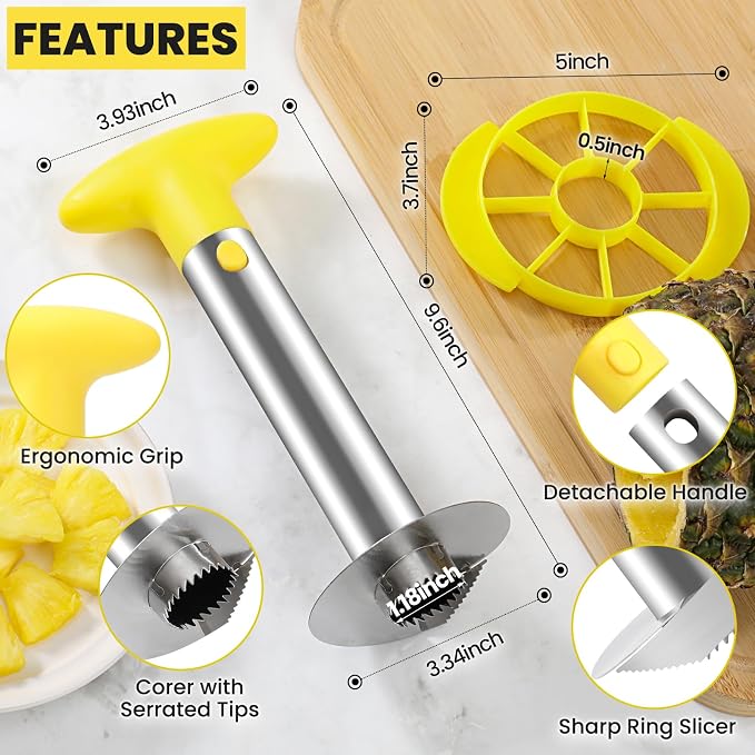 CUNSENR Premium Pineapple Corer and Slicer Tool - Pineapple Cutter with Sharp Serrated Tips - Easy to Use & Clean - Stainless Steel Core Remover for Pineapple - Slice and Core Fruits with Ease(Yellow)