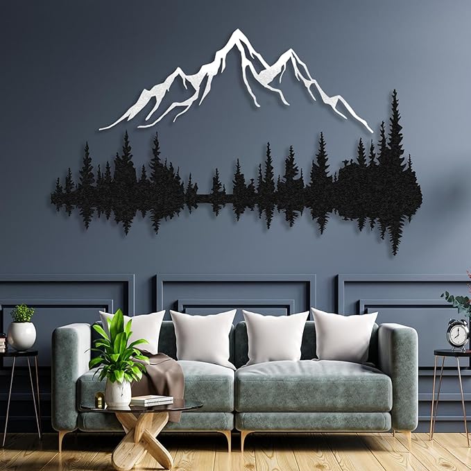 Wita Home Mountain and Forest Metal Wall Art, Wall Mounted Home Decor, Pine Trees and Mountain Wall Art for Living Room, Bedroom or Office, Large Outdoor Wall Decor, Nature Christmas Decor (White, 80x53 inches)