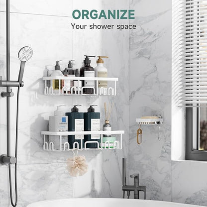 Veken Shower Caddy 3-Pack, Advanced Rustproof Design, No Drilling Adhesive Shelves, Rack with Soap Holder, Large Capacity Bathroom Organizers and Storage, Wall-Mounted Kitchen & Home Decor, White
