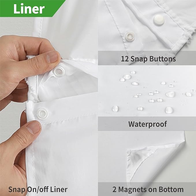 No Hook Shower Curtain and Liner Set,No Hook Tufted Striped Textured Shower Curtain with Snap in Liner Replacement and Waterproof Fabric,Boho Style with See Through Top Window,White,71Wx74H