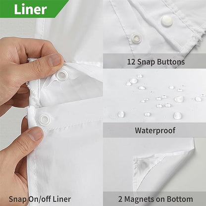 No Hook Shower Curtain and Liner Set,No Hook Tufted Striped Textured Shower Curtain with Snap in Liner Replacement and Waterproof Fabric,Boho Style with See Through Top Window,White,71Wx74H