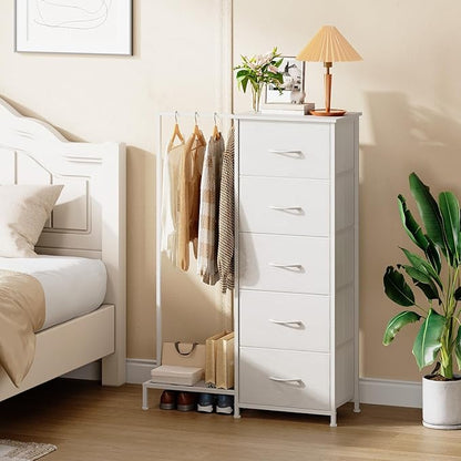 Somdot Dresser with Hanging Rack,5 Drawers Small Closet for Bedroom,Reversible Dresser with Clothes Rack,Kids Dressers for Bedroom Chest of Drawers,Tall Storage Tower,White Leather