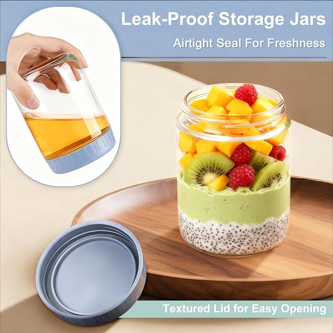 Overnight Oats Containers with Lids, 16oz Wide Mouth Mason Jars with Lids, 6 Pack Glass Jars with Airtight lid for Chia Pudding Yogurt Salad, Meal Prer Oatmeal Jars, Blue