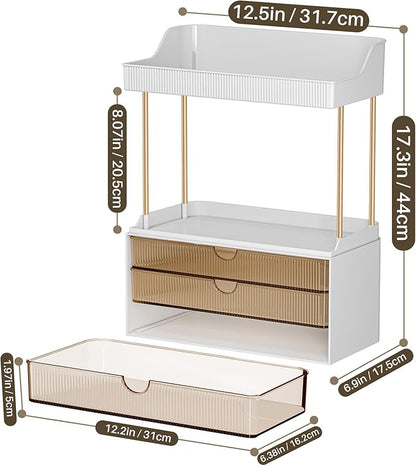 caktraie 2 Pack Bathroom Organizers and Storage - 3 Drawers 2 Tier Makeup Organizer, Cosmetic Storage Drawer for Dresser Countertop and Bathroom Vanity for Large Skincare, Perfume, Amber
