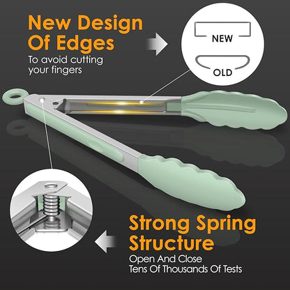 HOTEC Premium 7 & 9 Inch Kitchen Tongs, Stainless Steel Locking Cooking Tongs with Silicone Tips, Non-Scratch & Heat Resistant, Serving Tongs for Salad, BBQ, Light Green, Set of 2