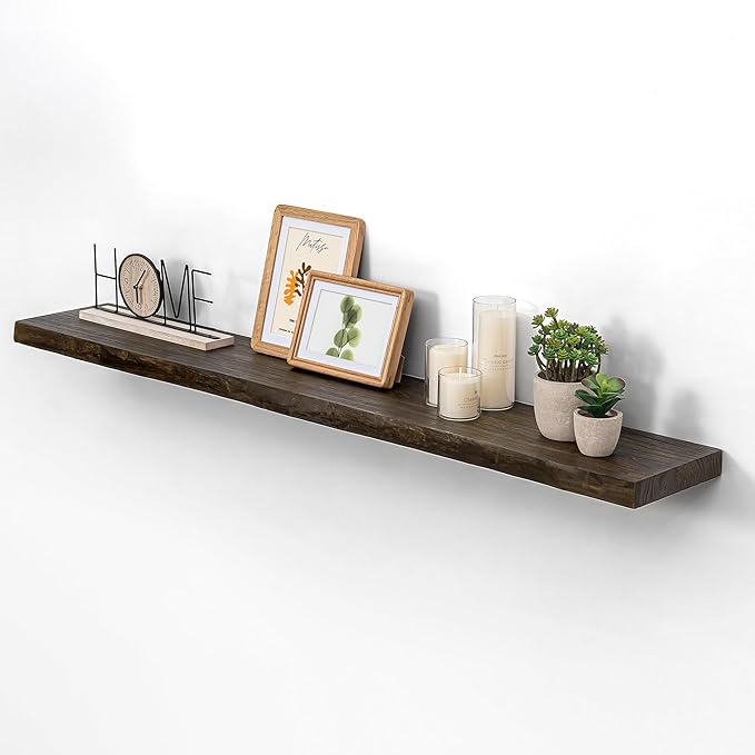 Rustic Wood Floating Shelves for Wall Decor, Reclaimed Elm Wood Live Edge Shelves 48 Inch Long, 8 Inch Deep Floating Shelf for Living Room Bathroom Bedroom, 48 x 8 Wall Shelves Set of 1, Walnut Color