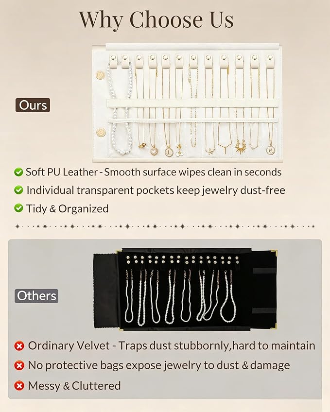 Lolalet Travel Necklace Organizer, Tangle-Free Necklace Case for Travel, Foldable Roll Up Jewelry Storage Bag for Necklaces Chains Bracelets, Beige, 12 Slots Holder