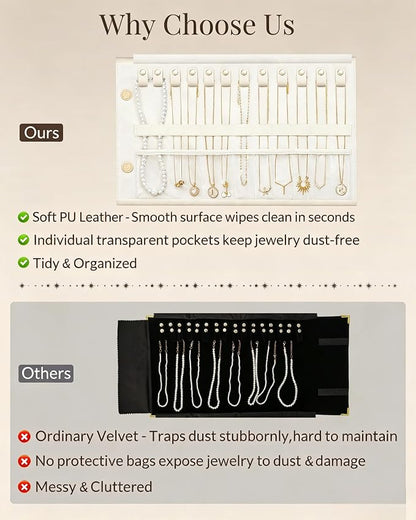 Lolalet Travel Necklace Organizer, Tangle-Free Necklace Case for Travel, Foldable Roll Up Jewelry Storage Bag for Necklaces Chains Bracelets, Beige, 12 Slots Holder