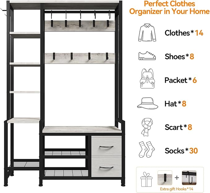 Hall Tree for Entryway 43", Bench with Shoe Storage, Large Coat Rack Shoe Bench with 5 Tier Shelves, 5 in 1 Design Front Door Shoe Rack and Wall Rack Hooks, and 2 Drawers (Rustic White)