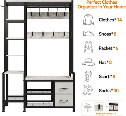 Hall Tree for Entryway 43", Bench with Shoe Storage, Large Coat Rack Shoe Bench with 5 Tier Shelves, 5 in 1 Design Front Door Shoe Rack and Wall Rack Hooks, and 2 Drawers (Rustic White)