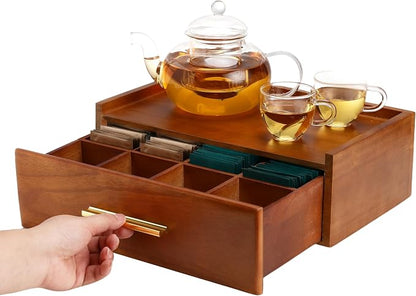 Tea Bag Organizer for Counter – Easy Pull Drawer, Anti-Slip Pads, Wooden Tea Organizer, Teabag Holder, 8 Compartments Drawer Storage, Flat Top Tea Station, Tea Box for Standard & Premium Bags