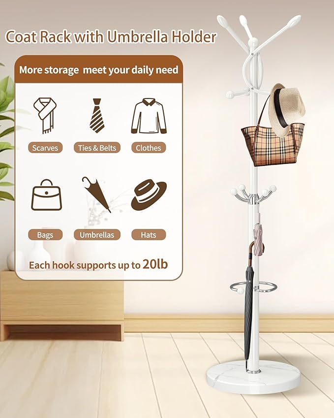 Metal Coat Rack with Natural Marble Base,Coat Rack Stand with 10 Hooks & Umbrella Holder,Modern Freestanging Coat Racks,White Standing Coat Jacket Hanger Tree Stand for Corner Entryway