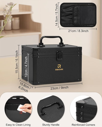 Relavel Makeup Bag with LED Mirror, Travel Cosmetic Train Case with 3 Colors Light up Mirror, Portable Makeup Aritst Storage Organizer Box with Brush Holder, Birthday Gifts for Women and Girls, Black
