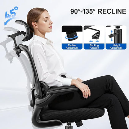 Ergonomic Office Chair, Mesh Desk Chair with Lumbar Support, High Back Home Office Chair with Adjustable Headrest and Flip-Up Arms, Comfortable Computer Chair, Thick Cushion,Black-4 Pack