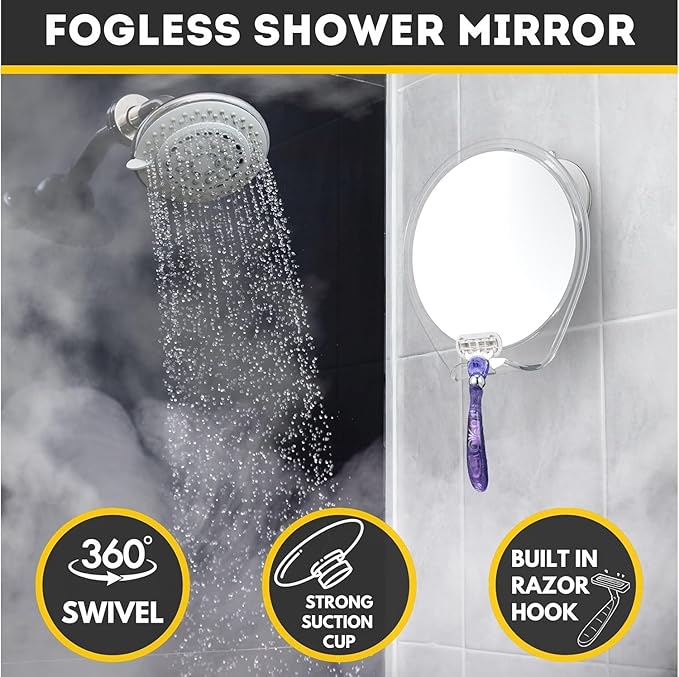 HONEYBULL Fogless Shower Mirror with Suction Mount & Swivel – Anti-Fog Acrylic Bathroom Mirror for Shaving – Built-in Razor Holder, Easy Install, Home Shower Accessory (Chrome)