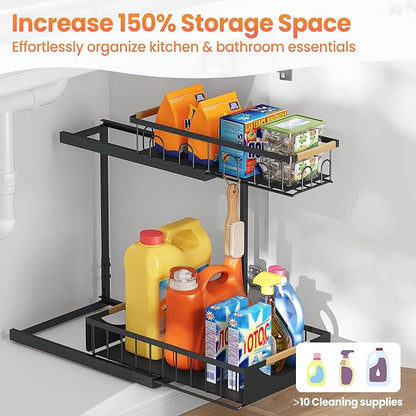 2 Pack 2 Tier Under Sink Organizer and Storage for Bathroom and Kitchen - Under Cabinet Pull Out Shelf Organizers - Sliding Out Drawer Organization for Home Cabinets Shelves and Drawers