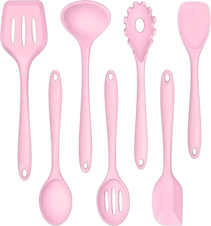 TeamFar Silicone Cooking Utensil Set of 7, Kitchen Nonstick Tools Turner Spoon Spatula Ladle Pasta Server for Nonstick Cookware, Healthy & One-Piece, Anti-Heat & Dishwasher Safe - Pink