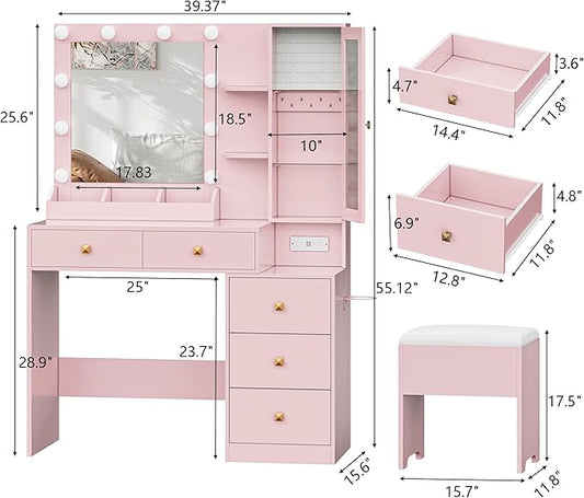 Vanity Desk with Mirror and Lights, Pink Makeup Vanity with 5 Drawers Hidden Jewelry Organizer& LED Glass Cabinet,3 Light Mode and Brightness Adjusted,Vanity Mirror with Lights Desk and Chair