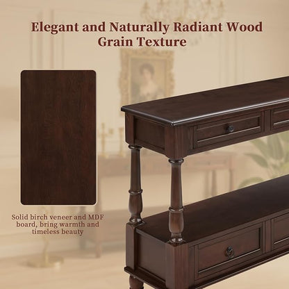 Vintage Solid Wood Console Table with 6 Drawers - 54" Hallway Sofa Table with Bottom Shelf for Entrance, Living Room & Foyer, Espresso