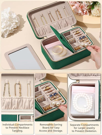 Velvet Travel Jewelry Box with Large Mirror, Double-Layer Jewelry Organizer Case for Women and Girls, Portable Storage Case with 6 Anti-Tarnish Bags Gift Ready for Her (Emerald Green)