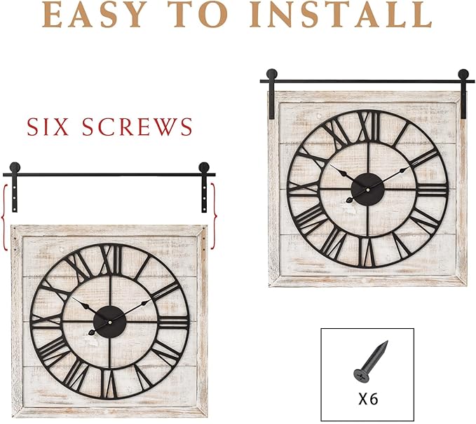 Vintage Barn Door Wall Clock - Distressed White Wash Finish, Large Rustic Farmhouse Wood Clock for Home, Wall and Farmhouse Décor, 24x23.6 Inches