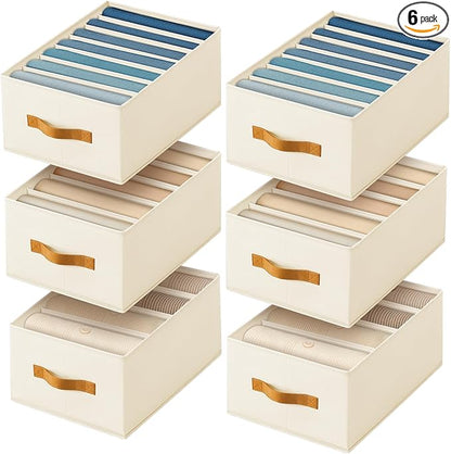Homsorout Clothes Organizers and Storage - 4/5/7 Grids Fabric Jeans Organizer with Handles, Foldable Closet Organizers Dividers, Wardrobe organizer for Pant, Sweater, T-shirt, Scarf, 6 Pack, Beige