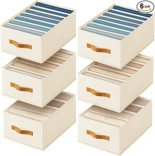Homsorout Clothes Organizers and Storage - 4/5/7 Grids Fabric Jeans Organizer with Handles, Foldable Closet Organizers Dividers, Wardrobe organizer for Pant, Sweater, T-shirt, Scarf, 6 Pack, Beige