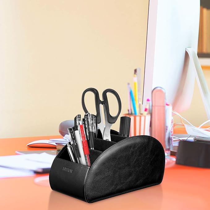 SITHON Remote Control Holder with 5 Compartments – [Upgrade Version] PU Leather Remote Caddy Desktop Organizer Store TV, DVD, Blu-Ray, Media Player, Smart Phones, Heater Controllers (Black)