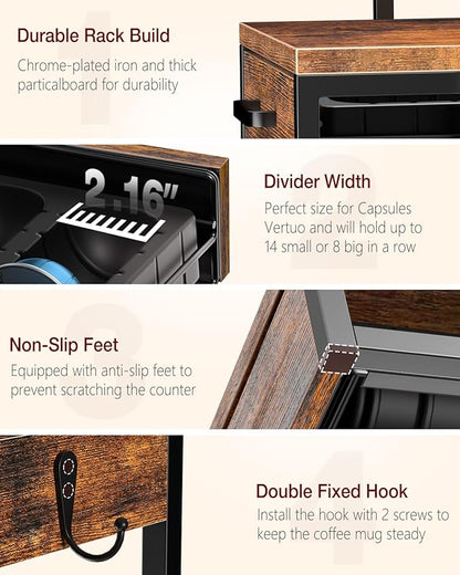 Evermagin Coffee Pod Holder, Vertuo Pod Holder Compatible with Nespresso, 28 Large or 56 Small Nespresso Capsule Organizer Drawer Station with Cup Rack, Rustic Brown