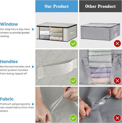 HomeHacks Storage 6-Pack Clothes Organizer Storage Bags Foldable Storage Box with Large Clear Window Sturdy Handles for Closet, Dorm, Pillows, Bedding, Clothes, Blankets, 35L, Ivory