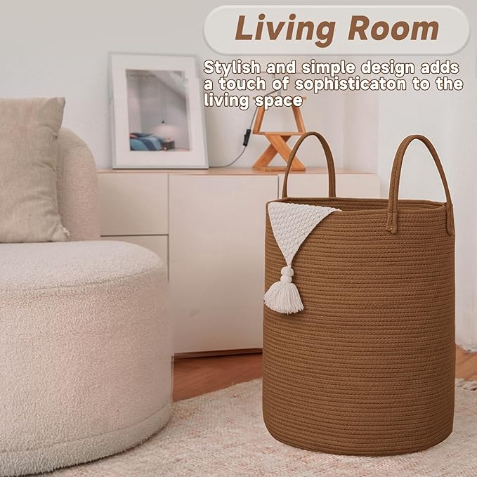 JMvicyroam Large Woven Laundry Basket Hamper,80L Cotton Rope Storage Bin for Blankets,Toys and Clothes,Decorative Tall Nursery Hamper for Living Room,Baby Nursery,Bathroom and Bedroom,Golden Jute