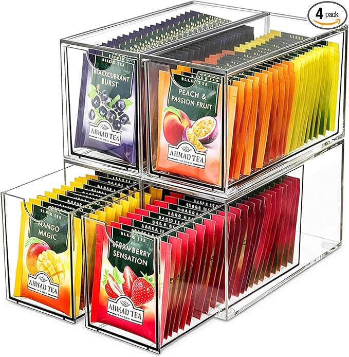 4 Pack Tea Bag Drawers Organizer, Clear Plastic Stackable Tea Organizers and Storage, Portable Tea Bag Holder 6.5" x 4" x 3" for Kitchen Pantry Organizer