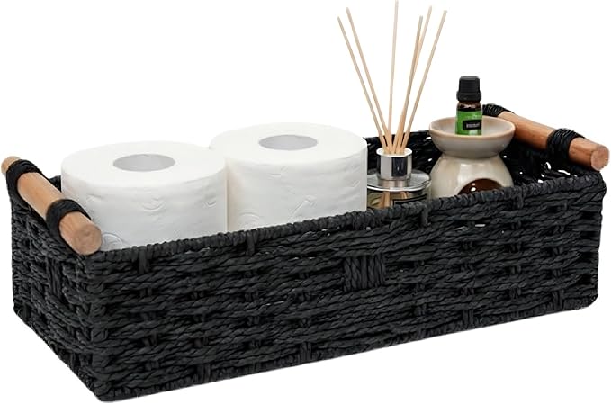 Back of Toilet Basket, Black Toilet Tank Basket with Wooden Handles, Handwoven Paper Rope Wicker Organizer for Toilet Top/Over Toilet Shelf/Bathroom Counter Storage Bin,Holds 2 Toilet Paper Rolls