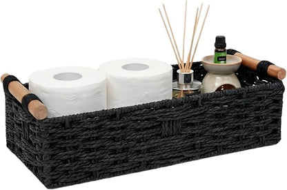 Back of Toilet Basket, Black Toilet Tank Basket with Wooden Handles, Handwoven Paper Rope Wicker Organizer for Toilet Top/Over Toilet Shelf/Bathroom Counter Storage Bin,Holds 2 Toilet Paper Rolls