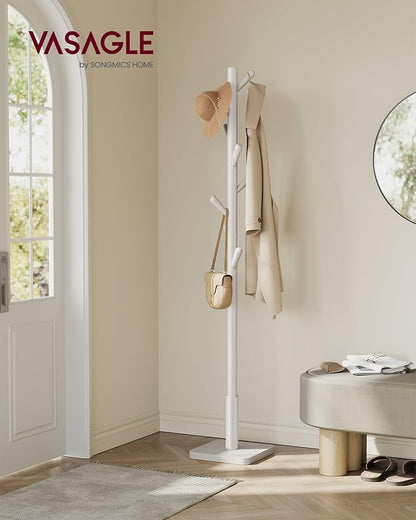 VASAGLE Solid Wood Coat Rack, Free Standing Hall Coat Tree with 8 Hooks, 3 Height Options, for Coats, Hats, Bags, Purses, for Entryway, Hallway, Rubberwood Hooks and Pole, Cappuccino Beige URCR010K01