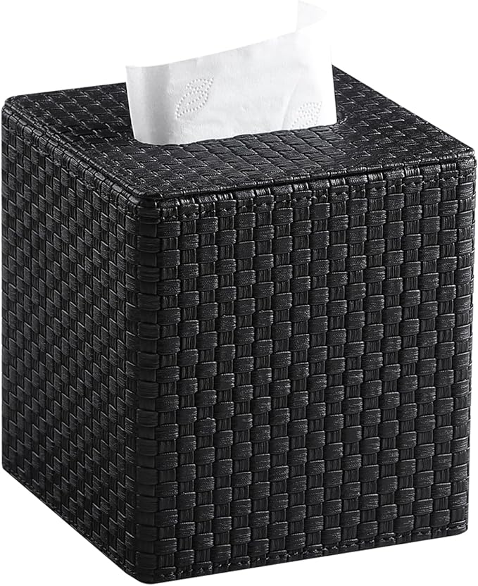 Square Tissue Box Cover, Stylish Leather Tissue Box Holder with Magnetic Bottom, Used As A Decorative Tissue Holder for Living Rooms, Bedrooms, and Desks(Black Woven Pattern)