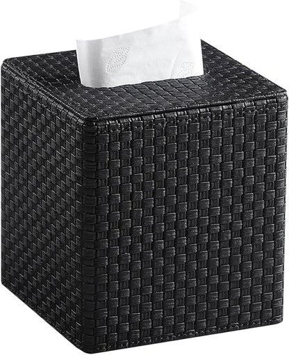 Square Tissue Box Cover, Stylish Leather Tissue Box Holder with Magnetic Bottom, Used As A Decorative Tissue Holder for Living Rooms, Bedrooms, and Desks(Black Woven Pattern)