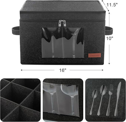 2 Pack Wine Glass Storage Box with Dividers, Stemware Storage Containers for Packing and Moving, China Storage Containers Box for 12 Crystal Glassware, Wine Glasses, Drinkware,Dark Gray