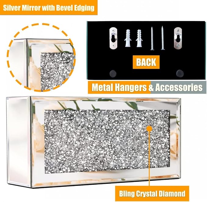 GOTHICO Mirrored Remote Holder, Wall Mounted Crush Diamond Bling Decoration Organizer Storage Box for Remote Phone Pad Wallet Notebook (8.3"×2.5"×4" For 3 or 4 Remote Controls)