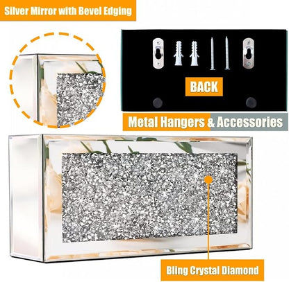 GOTHICO Mirrored Remote Holder, Wall Mounted Crush Diamond Bling Decoration Organizer Storage Box for Remote Phone Pad Wallet Notebook (8.3"×2.5"×4" For 3 or 4 Remote Controls)