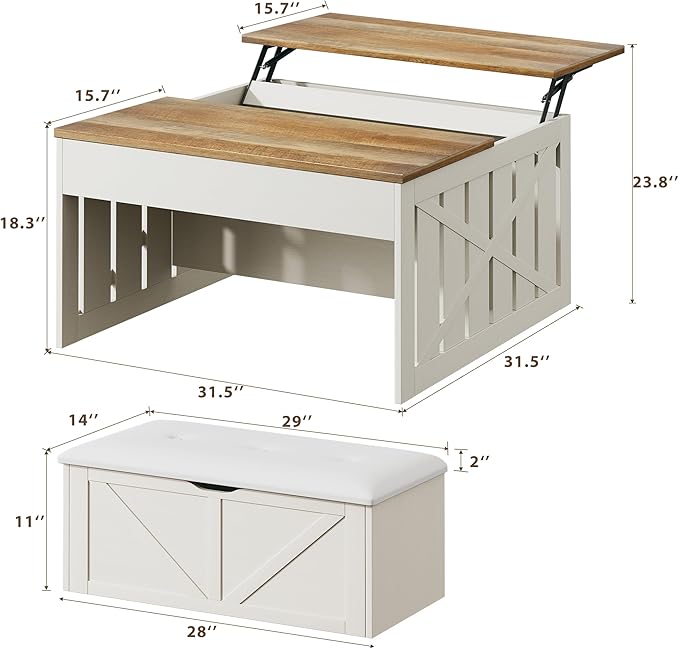 HUAHUU Lift Top Coffee Table with Storage Hidden Compartment, 31.5" Farmhouse Coffee Tables with Ottoman Bench, Center Table with Wooden Lift Tabletop for Living Room, White