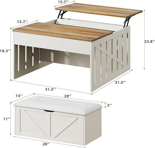 HUAHUU Lift Top Coffee Table with Storage Hidden Compartment, 31.5" Farmhouse Coffee Tables with Ottoman Bench, Center Table with Wooden Lift Tabletop for Living Room, White